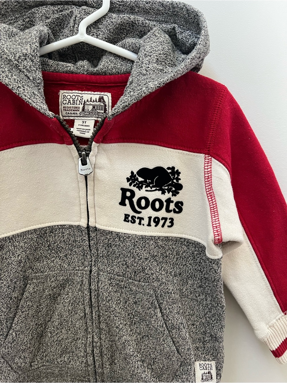 Roots Kids Hooded Zip Sweatshirt in Red, Cream & Gray